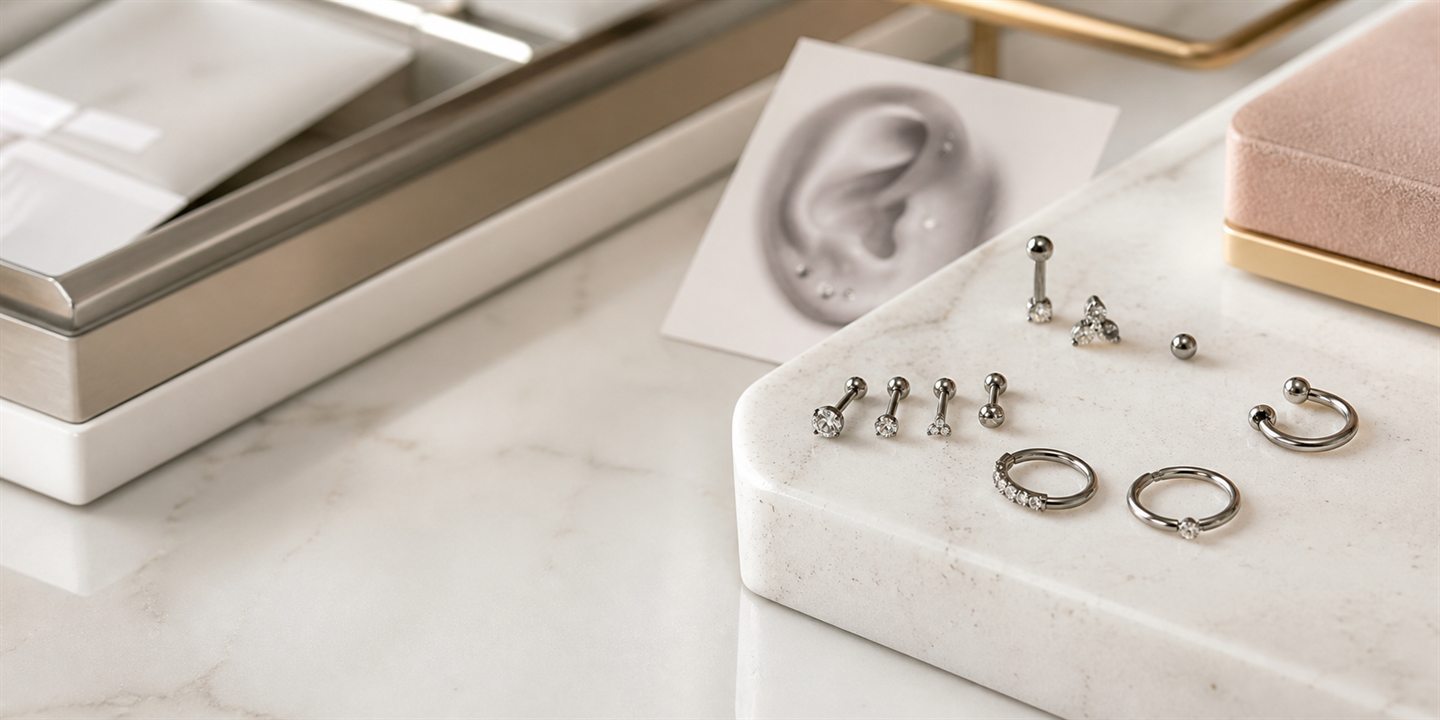 Joias para piercing em bandeja de estúdio